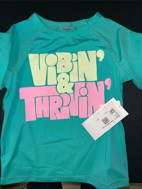 Old Navy Teal Girls Rash Guard with Yellow and Pink Graphic